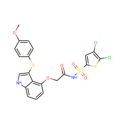 COc1ccc(Sc2c[nH]c3cccc(OCC(=O)NS(=O)(=O)c4cc(Cl)c(Cl)s4)c23)cc1 ZINC000044430915