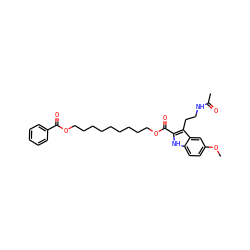 COc1ccc2[nH]c(C(=O)OCCCCCCCCCOC(=O)c3ccccc3)c(CCNC(C)=O)c2c1 ZINC000028648949