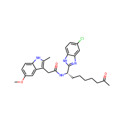 COc1ccc2[nH]c(C)c(CC(=O)N[C@@H](CCCCCC(C)=O)c3nc4cc(Cl)ccc4[nH]3)c2c1 ZINC000029054662