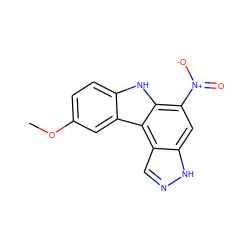 COc1ccc2[nH]c3c([N+](=O)[O-])cc4[nH]ncc4c3c2c1 ZINC000096272478