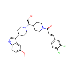 COc1ccc2[nH]cc(C3CCN([C@@H](CO)C4CCN(C(=O)/C=C/c5ccc(Cl)c(Cl)c5)CC4)CC3)c2c1 ZINC000029044992