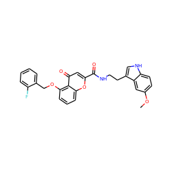 COc1ccc2[nH]cc(CCNC(=O)c3cc(=O)c4c(OCc5ccccc5F)cccc4o3)c2c1 ZINC001772601896
