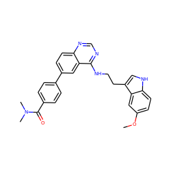 COc1ccc2[nH]cc(CCNc3ncnc4ccc(-c5ccc(C(=O)N(C)C)cc5)cc34)c2c1 ZINC000004268097