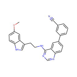 COc1ccc2[nH]cc(CCNc3ncnc4ccc(-c5cccc(C#N)c5)cc34)c2c1 ZINC000004265686