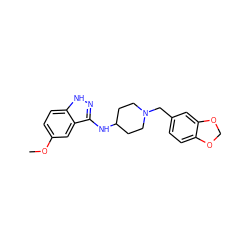 COc1ccc2[nH]nc(NC3CCN(Cc4ccc5c(c4)OCO5)CC3)c2c1 ZINC000028529490