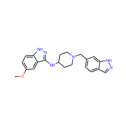 COc1ccc2[nH]nc(NC3CCN(Cc4ccc5cn[nH]c5c4)CC3)c2c1 ZINC000028529313