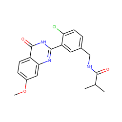 COc1ccc2c(=O)[nH]c(-c3cc(CNC(=O)C(C)C)ccc3Cl)nc2c1 ZINC000299839558