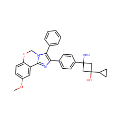 COc1ccc2c(c1)-c1nc(-c3ccc(C4(N)CC(O)(C5CC5)C4)cc3)c(-c3ccccc3)n1CO2 ZINC000169703870