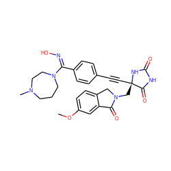 COc1ccc2c(c1)C(=O)N(C[C@@]1(C#Cc3ccc(/C(=N/O)N4CCCN(C)CC4)cc3)NC(=O)NC1=O)C2 ZINC000096173741