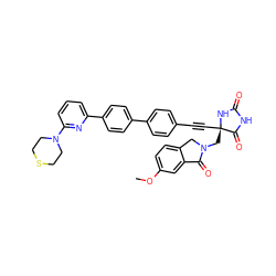 COc1ccc2c(c1)C(=O)N(C[C@@]1(C#Cc3ccc(-c4ccc(-c5cccc(N6CCSCC6)n5)cc4)cc3)NC(=O)NC1=O)C2 ZINC000143477952