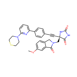 COc1ccc2c(c1)C(=O)N(C[C@@]1(C#Cc3ccc(-c4cccc(N5CCSCC5)n4)cc3)NC(=O)NC1=O)C2 ZINC000143451903