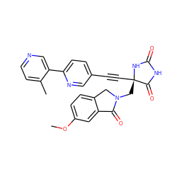 COc1ccc2c(c1)C(=O)N(C[C@@]1(C#Cc3ccc(-c4cnccc4C)nc3)NC(=O)NC1=O)C2 ZINC000143507128