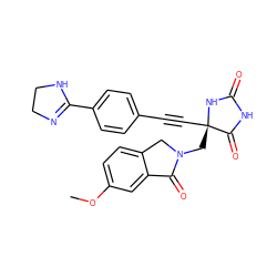 COc1ccc2c(c1)C(=O)N(C[C@@]1(C#Cc3ccc(C4=NCCN4)cc3)NC(=O)NC1=O)C2 ZINC000167585500