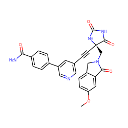 COc1ccc2c(c1)C(=O)N(C[C@@]1(C#Cc3cncc(-c4ccc(C(N)=O)cc4)c3)NC(=O)NC1=O)C2 ZINC000167657601