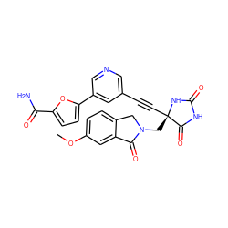 COc1ccc2c(c1)C(=O)N(C[C@@]1(C#Cc3cncc(-c4ccc(C(N)=O)o4)c3)NC(=O)NC1=O)C2 ZINC000096173681