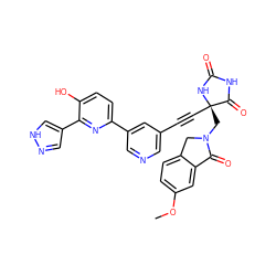 COc1ccc2c(c1)C(=O)N(C[C@@]1(C#Cc3cncc(-c4ccc(O)c(-c5cn[nH]c5)n4)c3)NC(=O)NC1=O)C2 ZINC000167574900