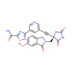 COc1ccc2c(c1)C(=O)N(C[C@@]1(C#Cc3cncc(-c4noc(C(N)=O)n4)c3)NC(=O)NC1=O)C2 ZINC000167616714