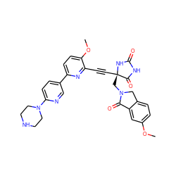 COc1ccc2c(c1)C(=O)N(C[C@@]1(C#Cc3nc(-c4ccc(N5CCNCC5)nc4)ccc3OC)NC(=O)NC1=O)C2 ZINC000167590787