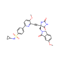 COc1ccc2c(c1)C(=O)N(C[C@@]1(C#Cc3nc(-c4ccc(S(=O)(=O)NC5CC5)cc4)ccc3OC)NC(=O)NC1=O)C2 ZINC000149799920