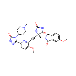 COc1ccc2c(c1)C(=O)N(C[C@@]1(C#Cc3nc(-c4n[nH]c(=O)n4C4CCN(C)CC4)ccc3OC)NC(=O)NC1=O)C2 ZINC000096173620