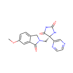 COc1ccc2c(c1)C(=O)N(C[C@@]1(c3cnccn3)NC(=O)NC1=O)C2 ZINC000049525757