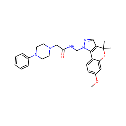 COc1ccc2c(c1)OC(C)(C)c1cnn(CNC(=O)CN3CCN(c4ccccc4)CC3)c1-2 ZINC000653738880