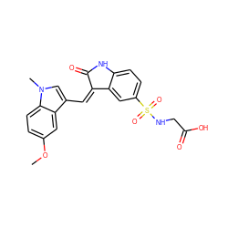 COc1ccc2c(c1)c(/C=C1\C(=O)Nc3ccc(S(=O)(=O)NCC(=O)O)cc31)cn2C ZINC000013538947