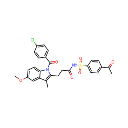 COc1ccc2c(c1)c(C)c(CCC(=O)NS(=O)(=O)c1ccc(C(C)=O)cc1)n2C(=O)c1ccc(Cl)cc1 ZINC000095583803