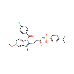 COc1ccc2c(c1)c(C)c(CCC(=O)NS(=O)(=O)c1ccc(C(C)C)cc1)n2C(=O)c1ccc(Cl)cc1 ZINC000095580924