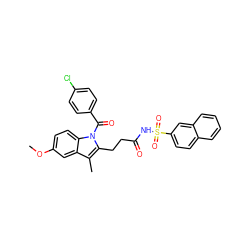 COc1ccc2c(c1)c(C)c(CCC(=O)NS(=O)(=O)c1ccc3ccccc3c1)n2C(=O)c1ccc(Cl)cc1 ZINC000095582604