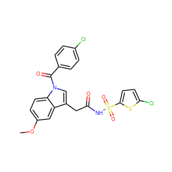 COc1ccc2c(c1)c(CC(=O)NS(=O)(=O)c1ccc(Cl)s1)cn2C(=O)c1ccc(Cl)cc1 ZINC000095585178