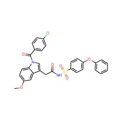 COc1ccc2c(c1)c(CC(=O)NS(=O)(=O)c1ccc(Oc3ccccc3)cc1)cn2C(=O)c1ccc(Cl)cc1 ZINC000095580926