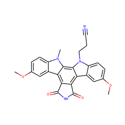 COc1ccc2c(c1)c1c3c(c4c5cc(OC)ccc5n(CCC#N)c4c1n2C)C(=O)NC3=O ZINC000014944034