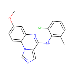 COc1ccc2c(c1)nc(Nc1c(C)cccc1Cl)c1cncn12 ZINC000013582027