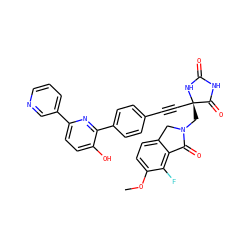 COc1ccc2c(c1F)C(=O)N(C[C@@]1(C#Cc3ccc(-c4nc(-c5cccnc5)ccc4O)cc3)NC(=O)NC1=O)C2 ZINC000143478170