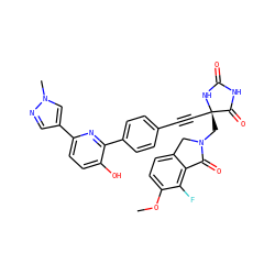 COc1ccc2c(c1F)C(=O)N(C[C@@]1(C#Cc3ccc(-c4nc(-c5cnn(C)c5)ccc4O)cc3)NC(=O)NC1=O)C2 ZINC000143378901