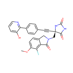 COc1ccc2c(c1F)C(=O)N(C[C@@]1(C#Cc3ccc(-c4ncccc4O)cc3)NC(=O)NC1=O)C2 ZINC000143506896