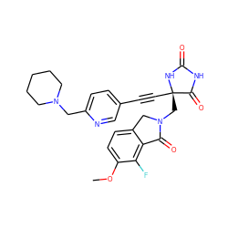 COc1ccc2c(c1F)C(=O)N(C[C@@]1(C#Cc3ccc(CN4CCCCC4)nc3)NC(=O)NC1=O)C2 ZINC000143275781