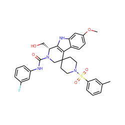 COc1ccc2c3c([nH]c2c1)[C@@H](CO)N(C(=O)Nc1cccc(F)c1)CC31CCN(S(=O)(=O)c2cccc(C)c2)CC1 ZINC000095600373