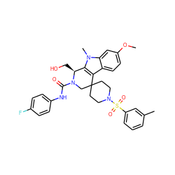 COc1ccc2c3c(n(C)c2c1)[C@H](CO)N(C(=O)Nc1ccc(F)cc1)CC31CCN(S(=O)(=O)c2cccc(C)c2)CC1 ZINC000095599918