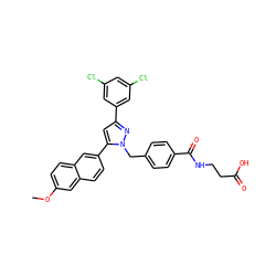 COc1ccc2cc(-c3cc(-c4cc(Cl)cc(Cl)c4)nn3Cc3ccc(C(=O)NCCC(=O)O)cc3)ccc2c1 ZINC000095093518