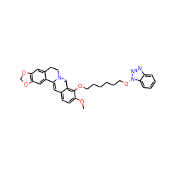 COc1ccc2cc3[n+](cc2c1OCCCCCCOn1nnc2ccccc21)CCc1cc2c(cc1-3)OCO2 ZINC000049757340