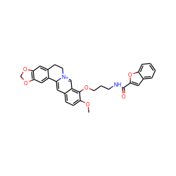 COc1ccc2cc3[n+](cc2c1OCCCNC(=O)c1cc2ccccc2o1)CCc1cc2c(cc1-3)OCO2 ZINC000084603632