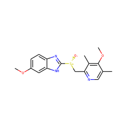 COc1ccc2nc([S@+]([O-])Cc3ncc(C)c(OC)c3C)[nH]c2c1 ZINC000004693574