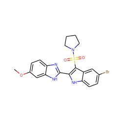 COc1ccc2nc(-c3[nH]c4ccc(Br)cc4c3S(=O)(=O)N3CCCC3)[nH]c2c1 ZINC000029039028