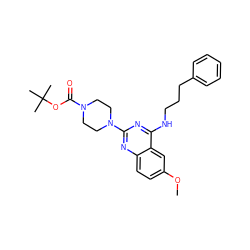 COc1ccc2nc(N3CCN(C(=O)OC(C)(C)C)CC3)nc(NCCCc3ccccc3)c2c1 ZINC000045168092