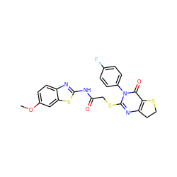 COc1ccc2nc(NC(=O)CSc3nc4c(c(=O)n3-c3ccc(F)cc3)SCC4)sc2c1 ZINC000095582262