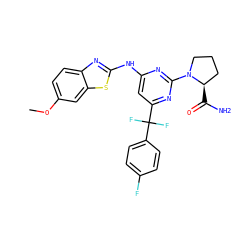 COc1ccc2nc(Nc3cc(C(F)(F)c4ccc(F)cc4)nc(N4CCC[C@H]4C(N)=O)n3)sc2c1 ZINC000096285825