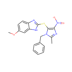 COc1ccc2nc(Sc3c([N+](=O)[O-])nc(C)n3Cc3ccccc3)[nH]c2c1 ZINC000008578114