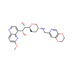 COc1ccc2nccc([C@@H](O)[C@H](O)[C@@H]3CC[C@@H](NCc4cc5c(cn4)OCCO5)CO3)c2n1 ZINC000096284048